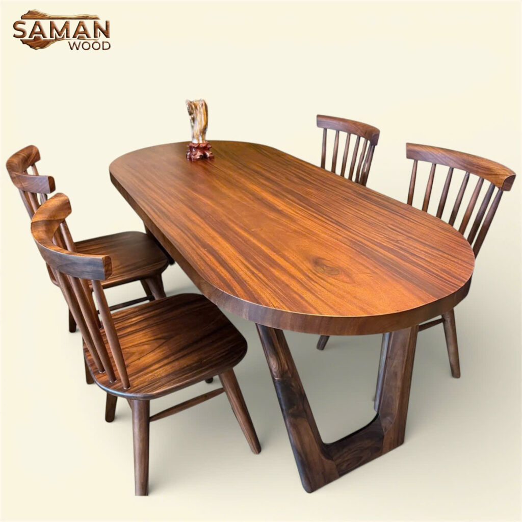 Trọn Bộ Bàn Ăn 4 Ghế Gỗ Me Tây Cạnh Bo Tròn Chân Gỗ V 