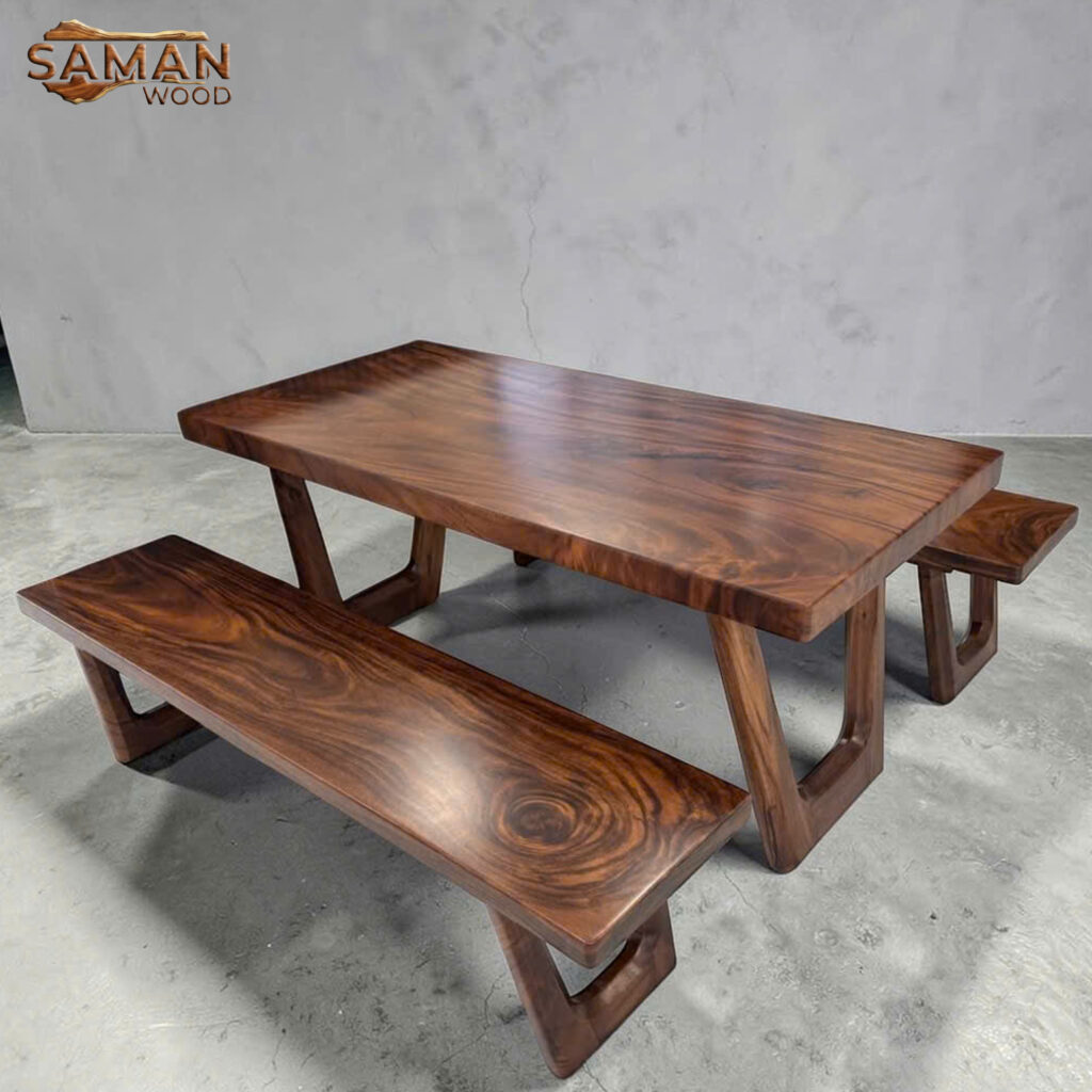 Bàn Ăn Gỗ Tự Nhiên Nguyên Tấm + 2 Ghế Băng 1m4x70