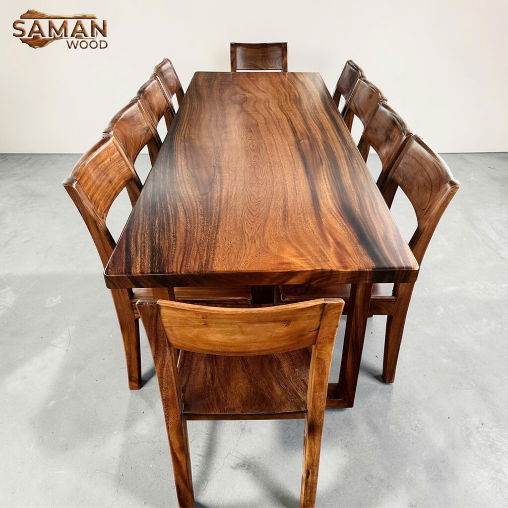 Bàn Ăn Gỗ Tự Nhiên Nguyên Tấm + 10 Ghế Me Tây Tựa Xéo