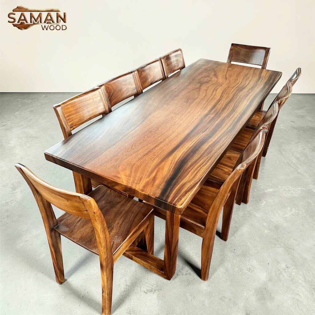 Bàn Ăn Gỗ Tự Nhiên Nguyên Tấm + 10 Ghế Me Tây Tựa Xéo