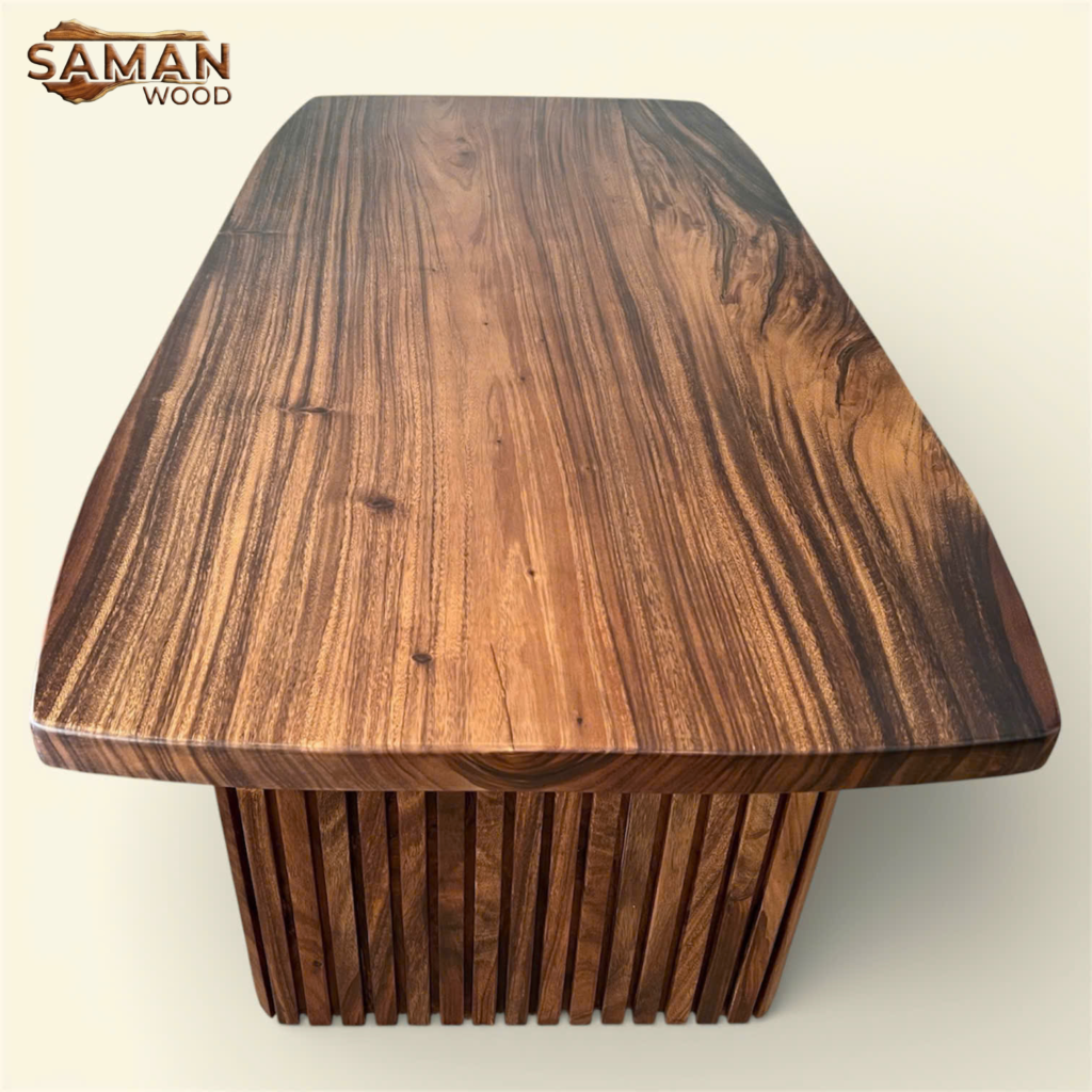 Bàn Ăn Gỗ Me Tây Nguyên Tấm 2 Cạnh Cong Chân Sọc 1800x900mm