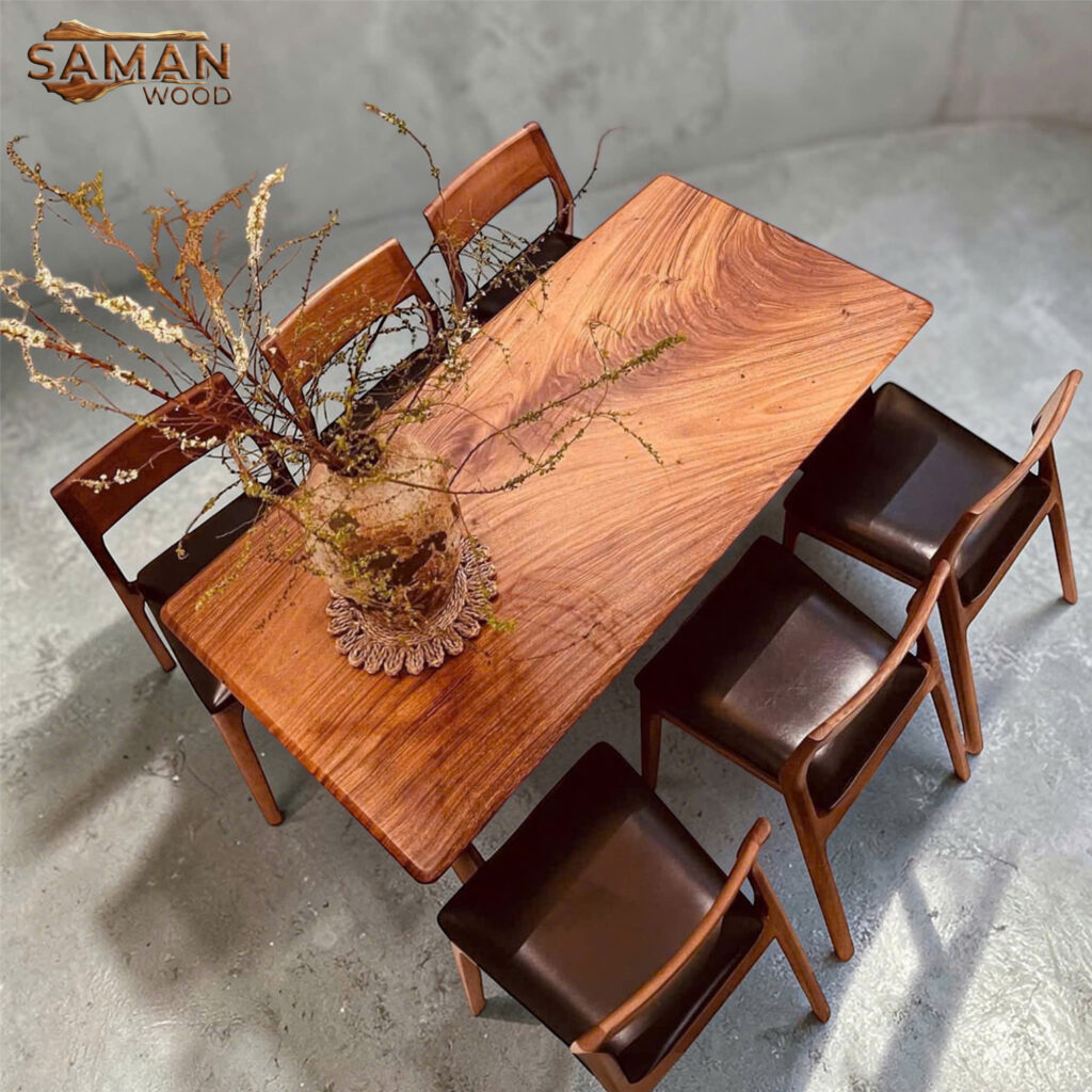 Bộ Bàn Ăn Gỗ Tự Nhiên Chân Bo Tròn Nguyên Tấm + 6 Ghế