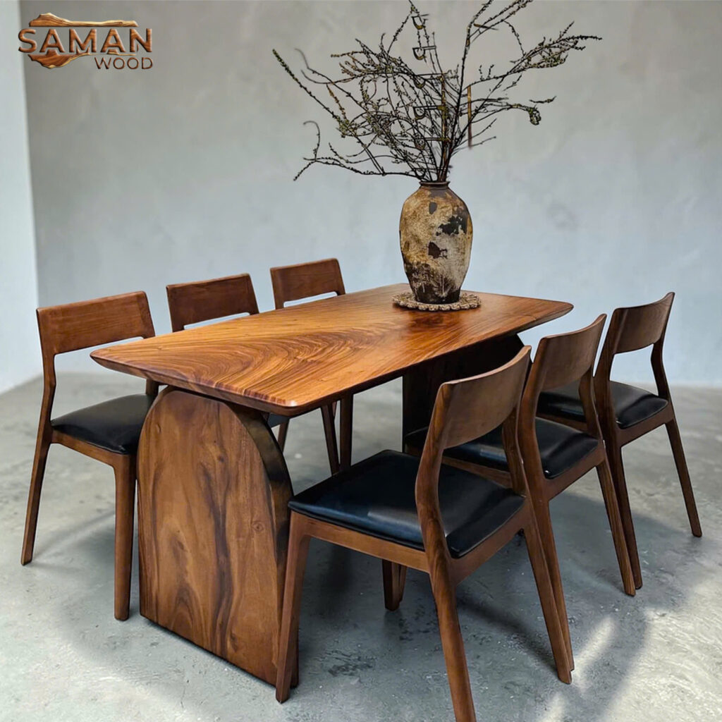 Bộ Bàn Ăn Gỗ Tự Nhiên Chân Bo Tròn Nguyên Tấm + 6 Ghế