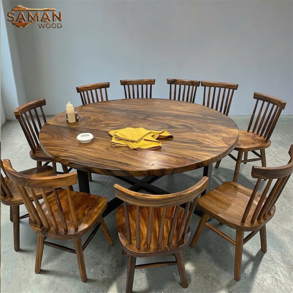 Bàn Ăn Tròn Gỗ Tự Nhiên 1m8 10 Chỗ Ngồi + Ghế 7 Nan Me Tây