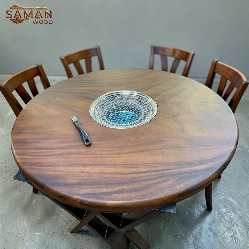 Bàn ăn gỗ tự nhiên khoét lỗ làm lò nướng cho nhà hàng, quán ăn