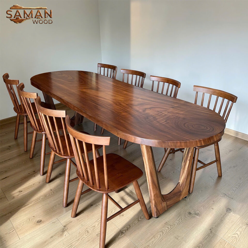 Bộ Bàn Ăn Gỗ Tự Nhiên Oval + 8 Ghế 7 Nan