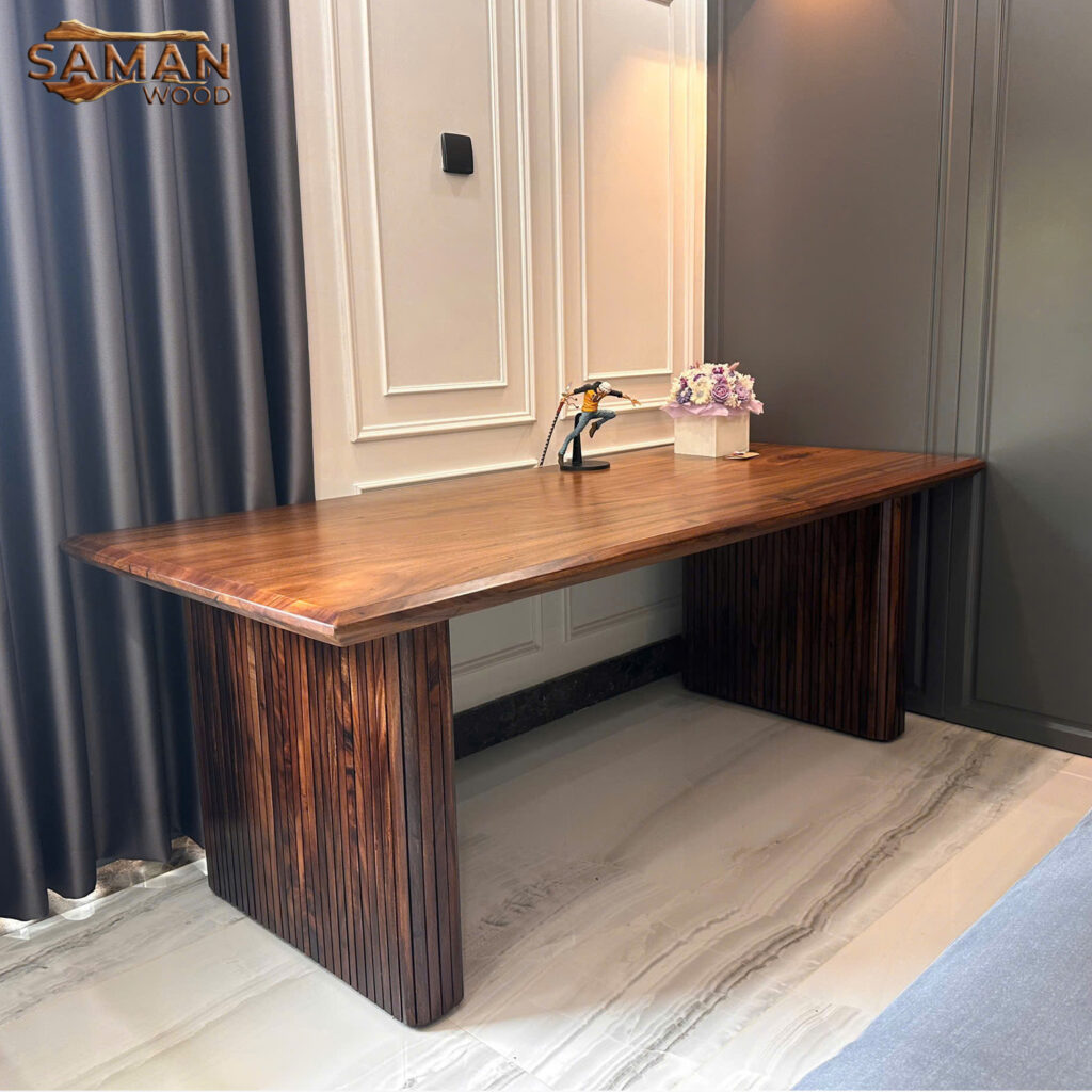 Bàn Gỗ Nguyên Tấm Vát Cạnh Chân Bo Sọc 2000x90x50mm