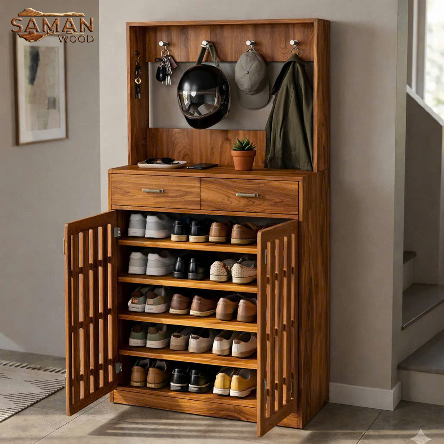 Tủ Giày & Kệ Treo Đồ Gỗ Me Tây – Giải Pháp Tối Ưu Cho Sảnh Vào