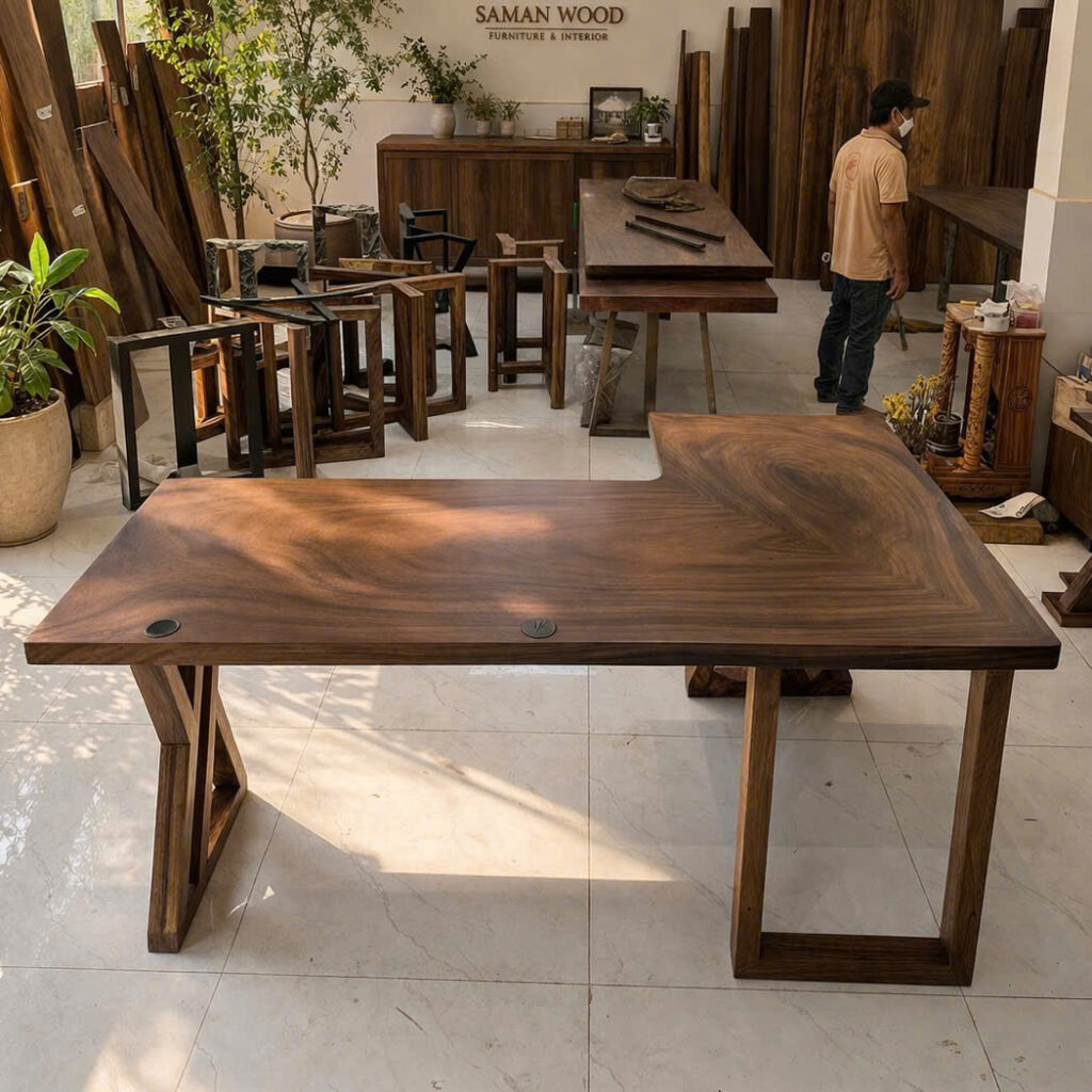 Bàn Làm Việc Gỗ Me Tây Nguyên Tấm Chữ L Cao Cấp