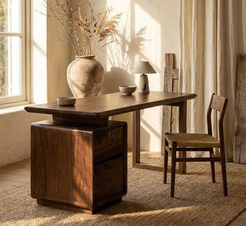 Bàn Làm Việc Gỗ Tự Nhiên Nguyên Tấm Có Tủ Kéo 1600x700mm