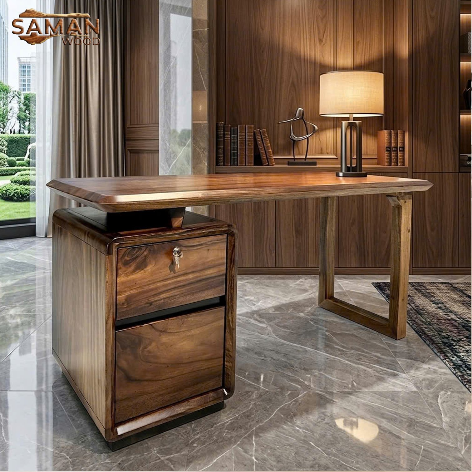 Bàn Làm Việc Gỗ Me Tây Nguyên Tấm 160x70cm Có Tủ Kéo – Thiết Kế Bo Cong Tinh Tế | Saman Wood