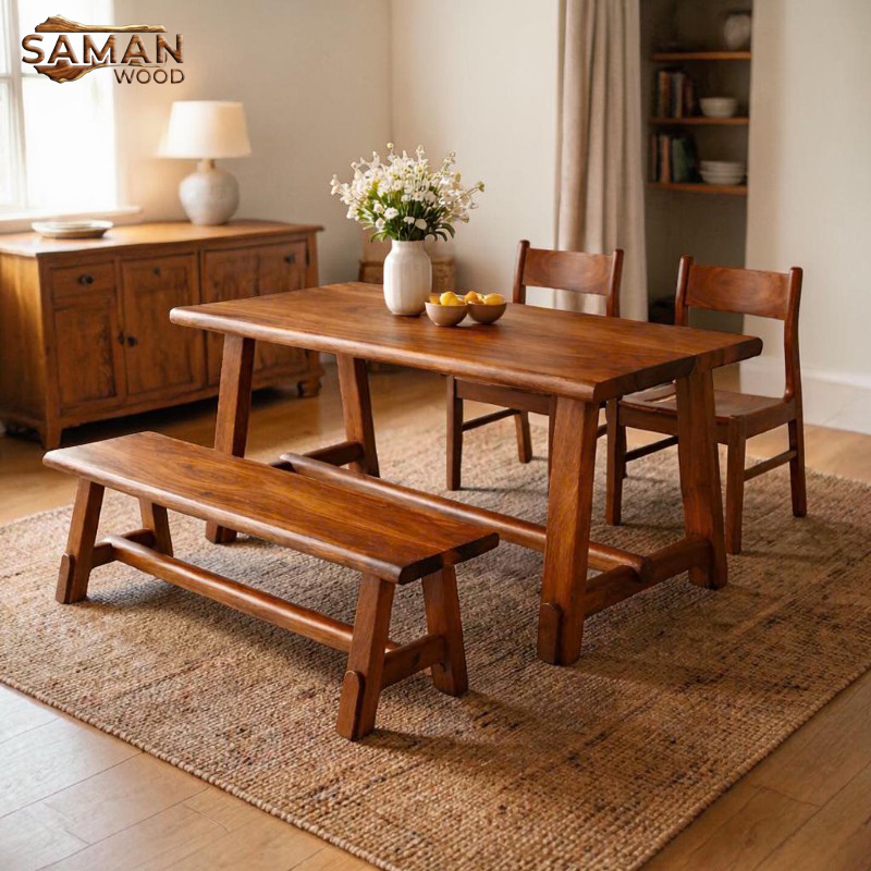 👉 “Bàn Ăn Gỗ Me Tây 1m3 Nhỏ Gọn Cho Căn Hộ – Phong Cách Hiện Đại” Dài: 1300mm Rộng: 650mm Cao: 750mm Dày mặt: 4–5cm Combo: bàn + băng + 2 ghế