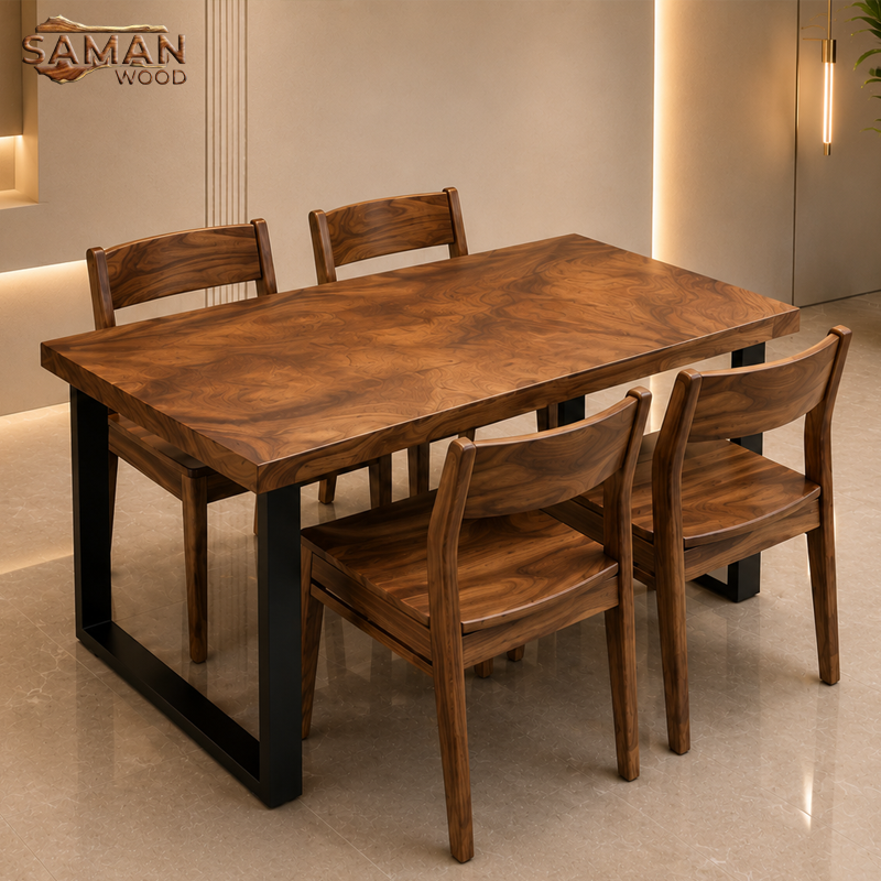 Bàn Ăn 4 Ghế (Chân Sắt U) + Ghế Benla Lưng Gỗ Mặt Gỗ