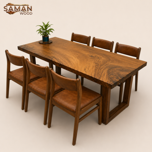 Bàn Ăn 6 Ghế Benla Mặt Nệm Đen + Chân gỗ U 1m8x80