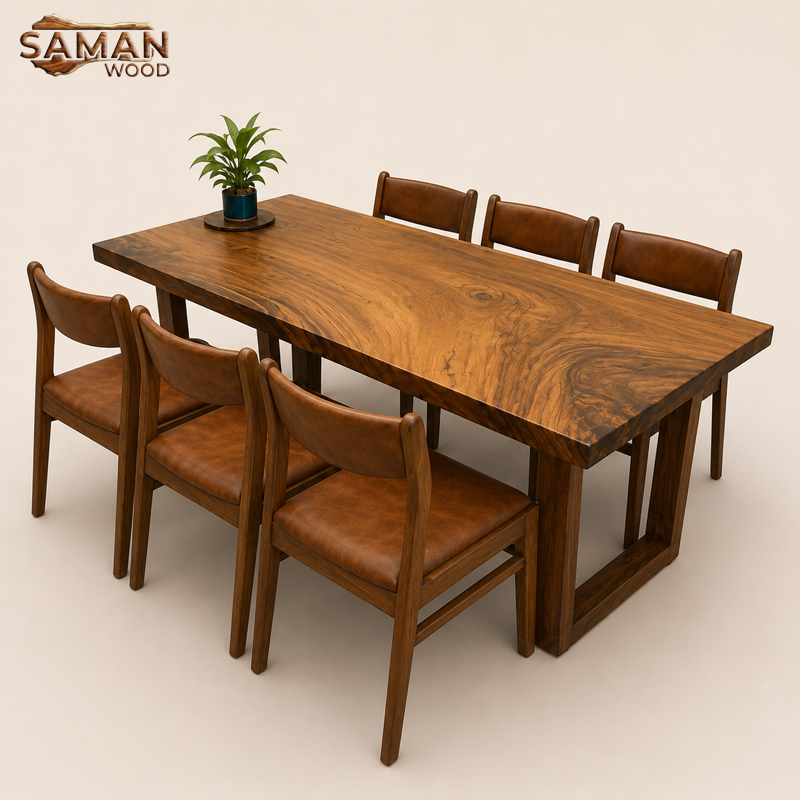 Bàn Ăn 6 Ghế Benla Mặt Nệm Đen + Chân gỗ U 1m8x80