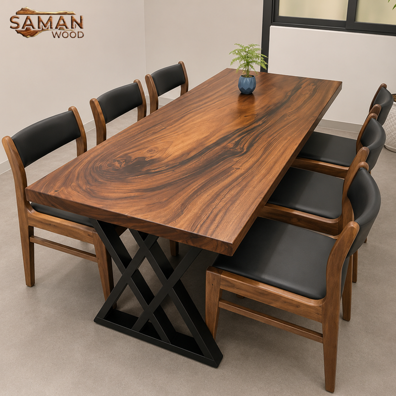 Bàn Ăn 6 Ghế Benla Mặt Nệm Đen + Chân sắt 2X 1m8x80