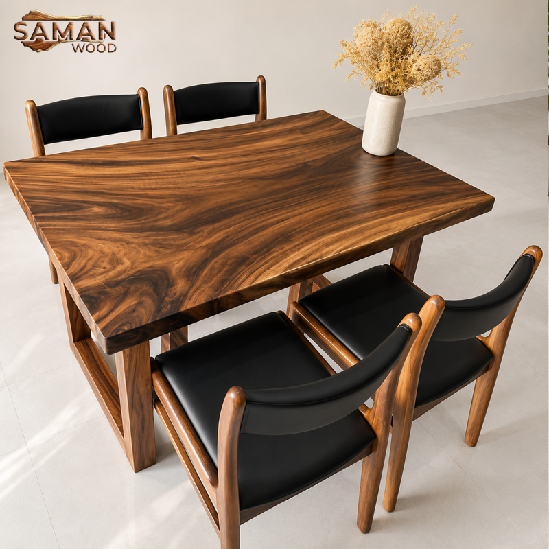 Bàn Ăn Gỗ Me Tây Nguyên Tấm 1m2 x 60 Dày 5cm – Chân Gỗ T + 4 Ghế Benla Nệm Đen