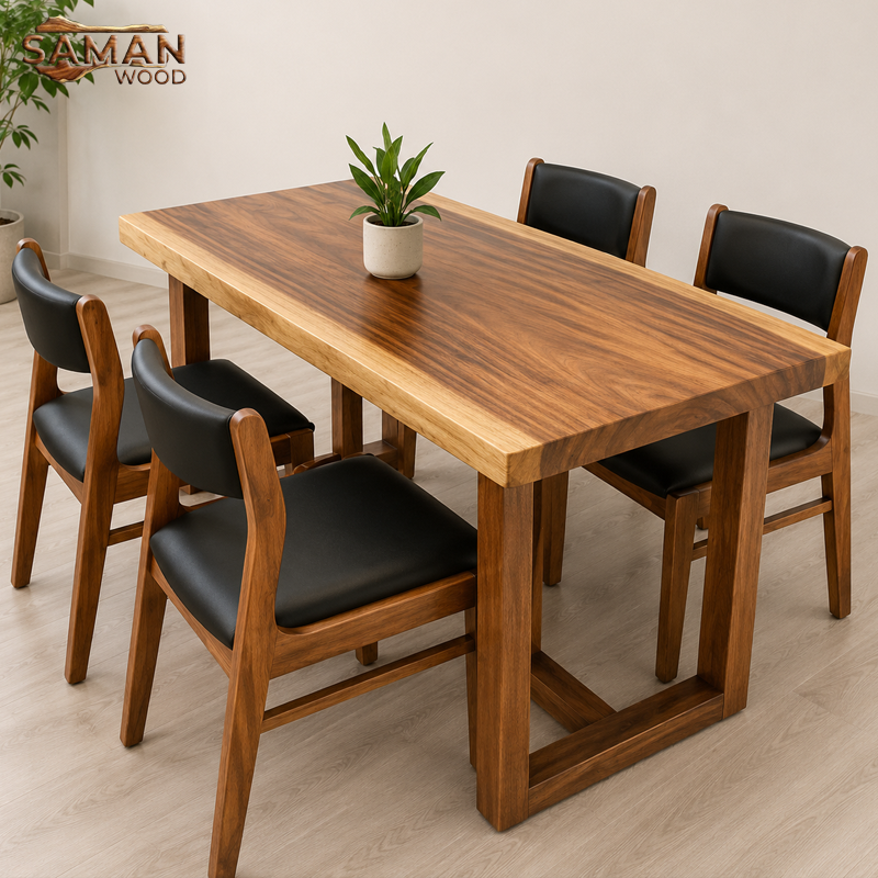 Bàn Ăn Gỗ Me Tây Nguyên Tấm 1m2 x 60 Dày 5cm – Chân Gỗ T + 4 Ghế Benla Nệm Đen