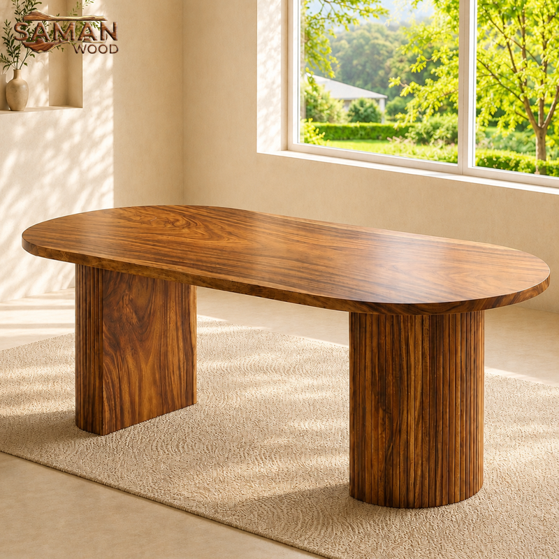 BÀN ĂN GỖ TỰ NHIÊN NGUYÊN TẤM 2M4 × 80CM BO OVAL BÁN NGUYỆT