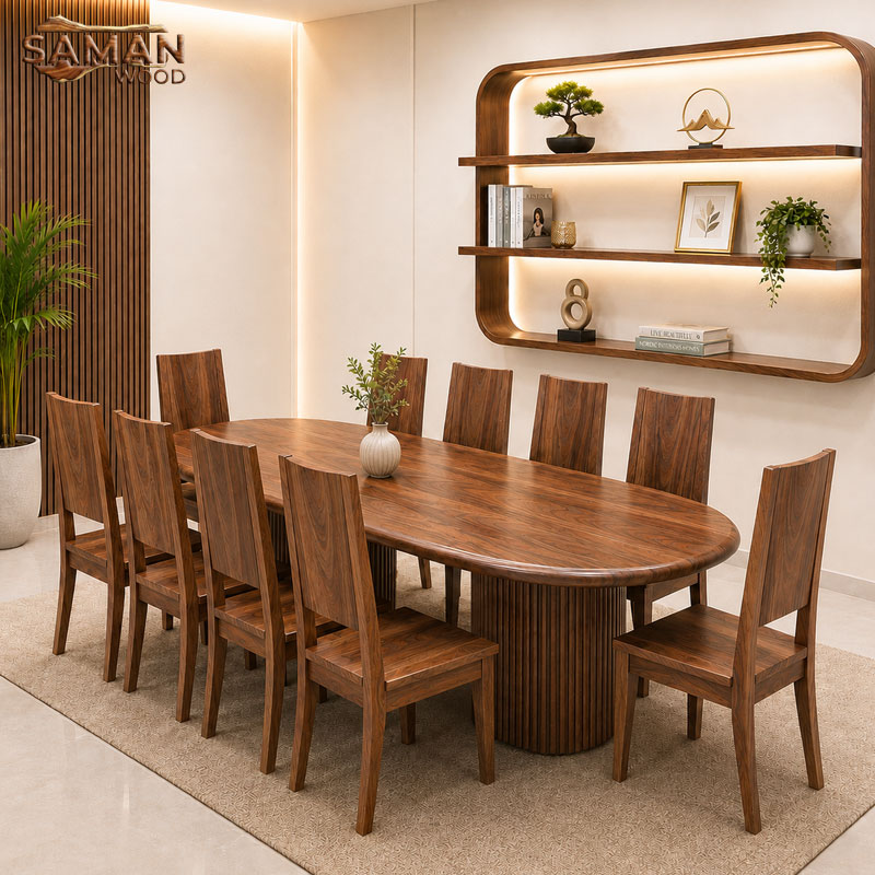 Bàn Ăn 10 Ghế Ba Tiêu Gỗ Me Tây Tự Nhiên 2m8x80 Dày 5cm Chân Bán Nguyệt Chỉ Sọc Cao Cấp