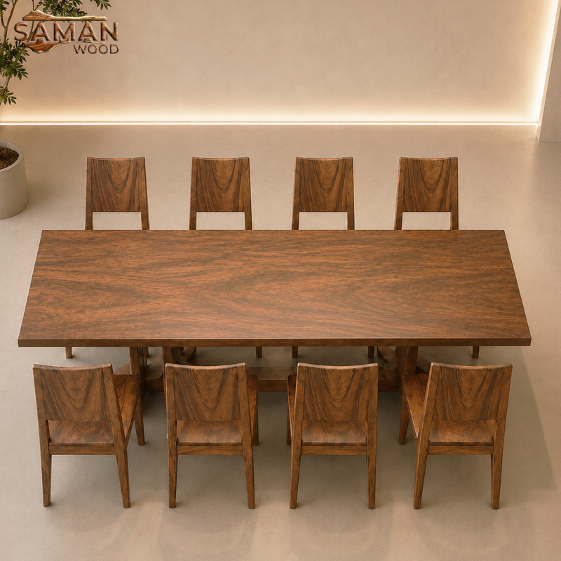 Bàn Ăn 8 Ghế Gỗ Me Tây Ba Tiêu Nguyên Tấm Vuông Vức 2m6x80cm