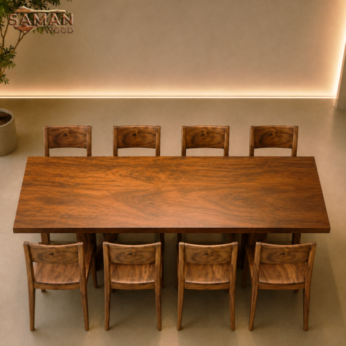 Trọn Bộ Bàn Ăn 8 Ghế Gỗ Me Tây Tựa Xéo Gỗ Tự Nhiên Nguyên Tấm 2m6x80cm