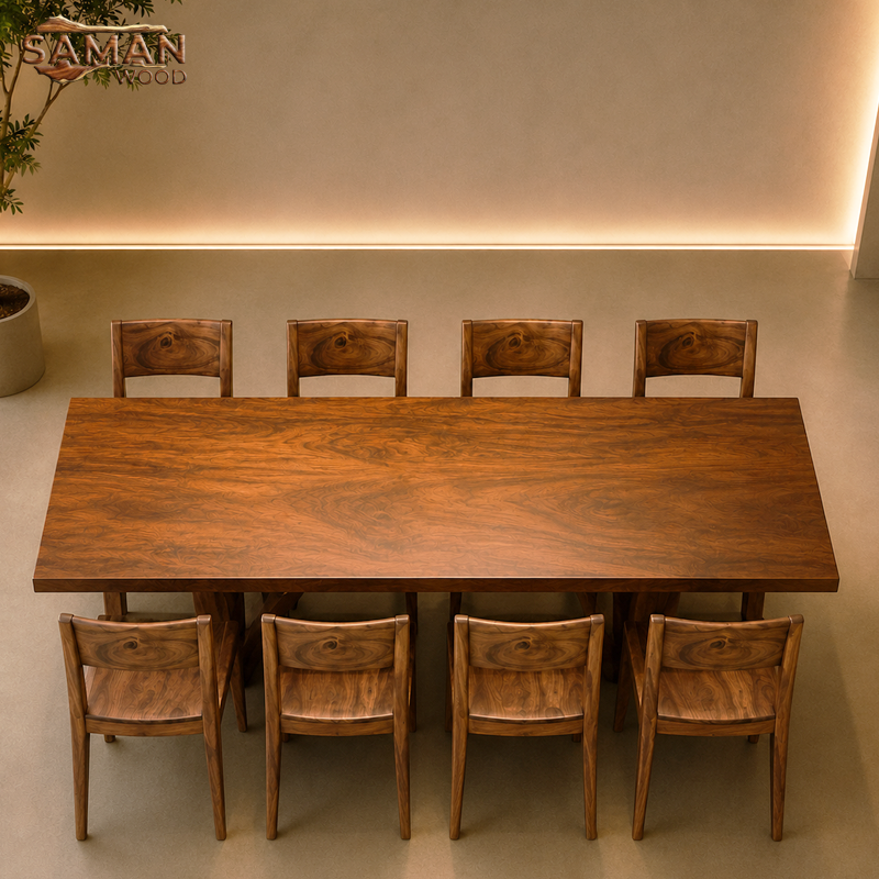 Trọn Bộ Bàn Ăn 8 Ghế Gỗ Me Tây Tựa Xéo Gỗ Tự Nhiên Nguyên Tấm 2m6x80cm