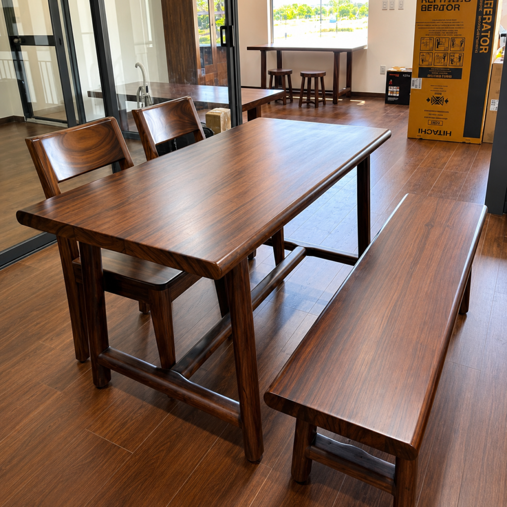 Bàn Ăn 4 Người Phong Cách Wabi-Sabi Gỗ Me Tây Tự Nhiên