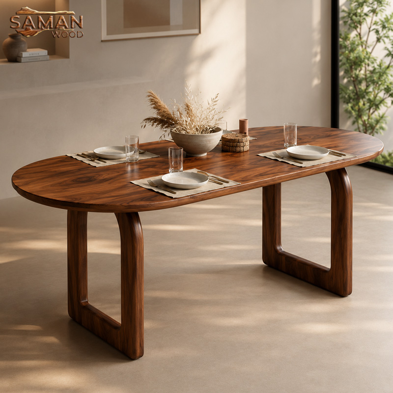 Bàn Ăn Gỗ Me Tây Nguyên Tấm Bo Oval Chân U Bo Cong